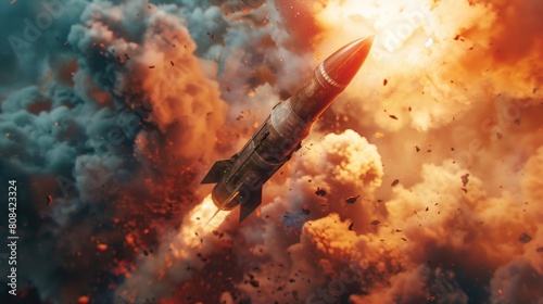 A striking close-up of a rocket launch vehicle, modeled after a chariot, firing a hypersonic missile amidst a powerful backdrop of smoke and fire, highlighting advanced weapon technology