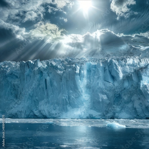 Sunlight glinting off a pristine glacier calving into the ocean  symbolizing the impact of climate change on marine environments