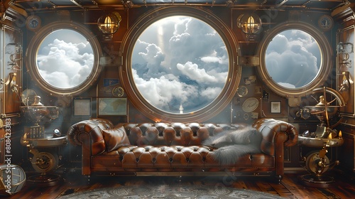 A plush, leather-appointed cabin of a luxurious airship, featuring porthole windows revealing a breathtaking cloud sea, polished brass fittings, and antique travel maps adorning the walls