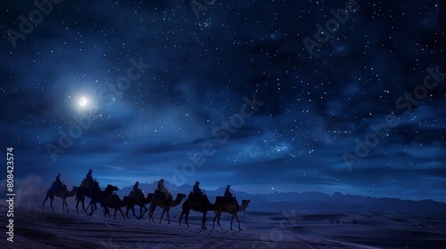 A serene caravan journey, multiple camels silhouetted against a luminous moonlit sky, desert sands glistening beneath