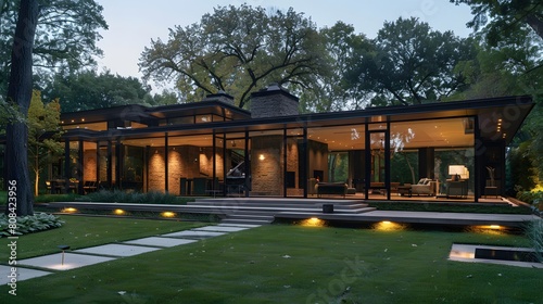 A modern glass-walled cubic house set against a background of mature trees, with a front yard composed of a simple lawn and discrete pathway lighting.