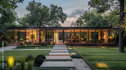 A modern glass-walled cubic house set against a background of mature trees, with a front yard composed of a simple lawn and discrete pathway lighting.