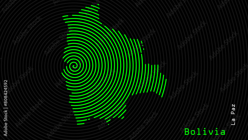 A map of Bolivia, with a dark background and the country's outline in the shape of a colored spiral, centered around the capital. A simple sketch of the country, highlighting its unique shape. A map of Bolivia, with a dark background and the country's outline in the shape of a colored spiral, centered around the capital. A simple sketch of the country, highlighting its unique shape.