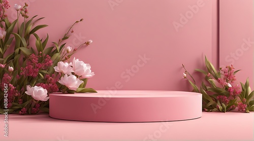  Background podium 3D spring flower product beauty pink display nature. 3D podium stand background scene floral mockup cosmetic white blossom summer abstract shadow platform minimal design render stag