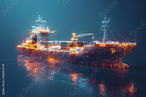 A wireframe-style illustration of a cargo ship laden with containers showcases modern maritime logistics and transportation infrastructure © Evhen Pylypchuk