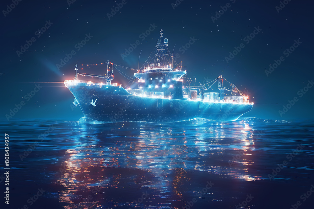 Fototapeta premium A wireframe-style illustration of a cargo ship laden with containers showcases modern maritime logistics and transportation infrastructure
