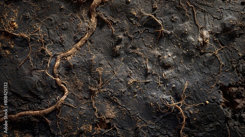 Close-up artistic interpretation of a soil sample teeming with nematode trails, capturing the unseen life underfoot, raw style photo