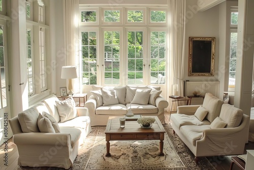 Lightfilled living room with elegant, understated decor photo