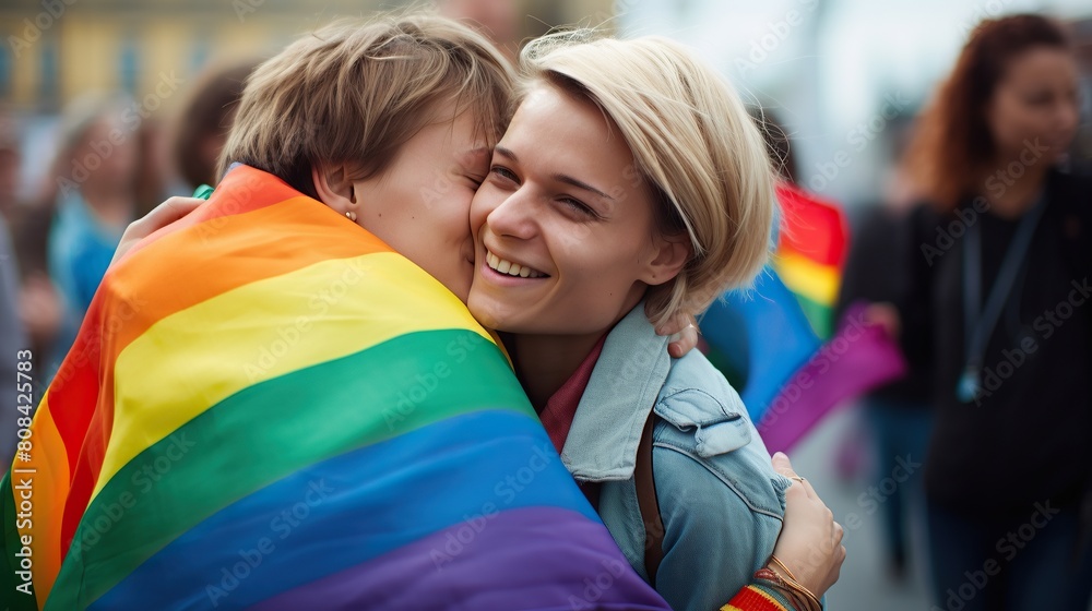 Beautiful young lesbian couple hugging and holding. Lesbian couple hugging outdoors. LGBT rainbow flag. Beautiful young lesbian couple hugging and holding. Lesbian couple hugging outdoors. LGBT rainbow flag.