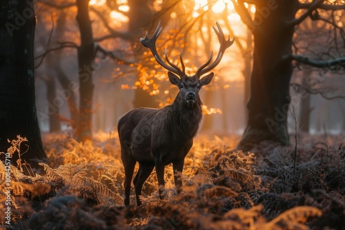 Majestic stag in a mystical forest at sunrise © nattapon98