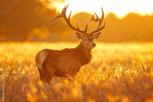 Majestic stag standing in a golden wheat field at sunrise