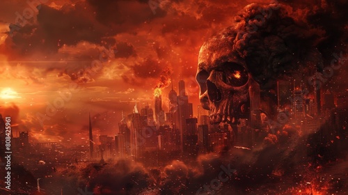 A dark cityscape of hell featuring a close-up Satan skull, smoke and red fiery sky creating a scene of doom and gloom