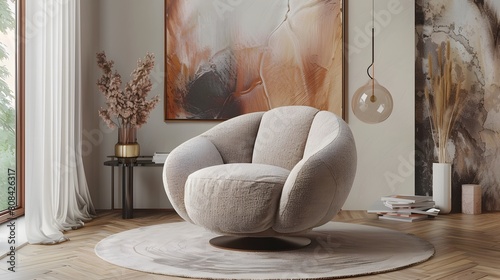 A modern swivel chair in a cozy corner of a luxury room with delicate pastel wallpaper and abstract art pieces. photo