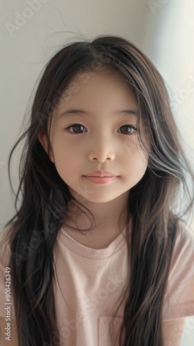 Little beauty girl closeup long hair looking to camera pink t shirt