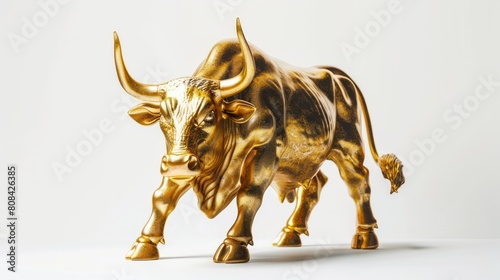Testimonial photo of the awe-inspiring Golden Bull statue white background Front view  golden texture  realistic style.