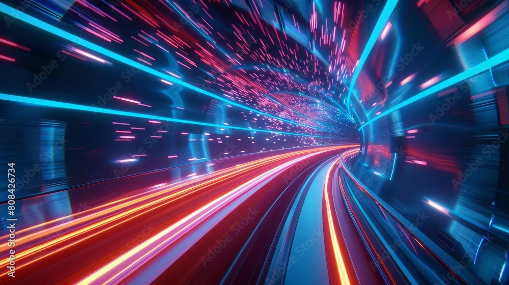 Modern virtual reality environment illustrating highspeed data transfer through a luminous digital tunnel Modern virtual reality environment illustrating highspeed data transfer through a luminous digital tunnel