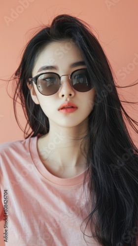 Beauty young Asian female black long hair wearing t shirt sunglasses © Montalumirock