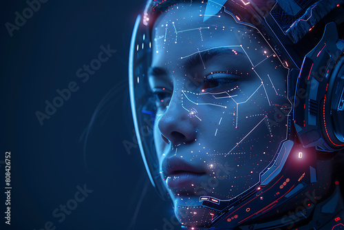 A futuristic cyborg is depicted in wireframe style against a dark blue background, showcasing advanced technology and innovation