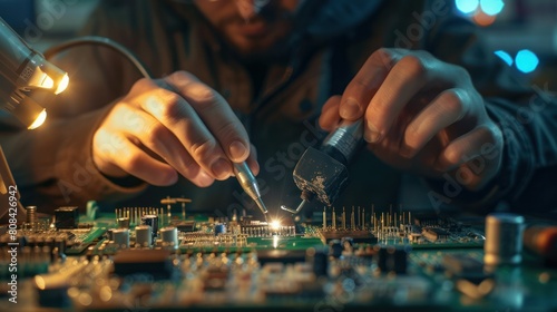  detailed shot of a skilled electrician carefully soldering tiny components onto a circuit board, their hands illuminated by the warm glow of the soldering iron. 