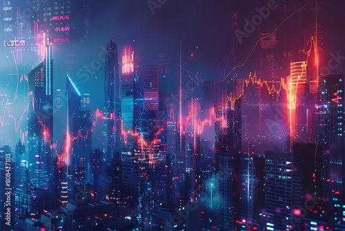 Neon cityscape with overlaid financial graphs depicting market trends