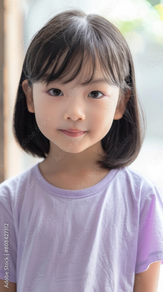 Little beauty girl closeup short black hair looking to camera wearing white dress Little beauty girl closeup short black hair looking to camera wearing white dress