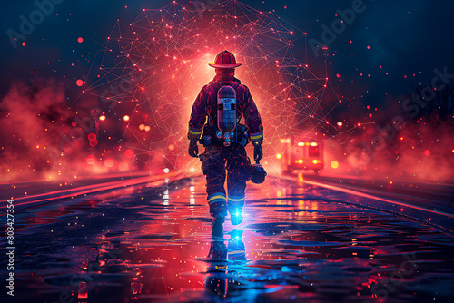 A courageous firefighter stands beside a red fire engine, ready to respond to emergencies and protect the community photo