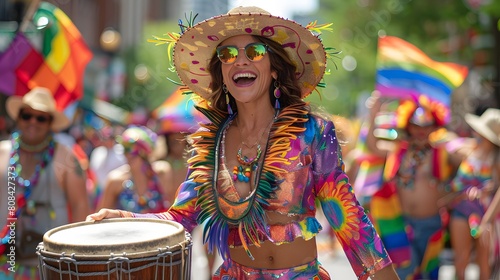 A person in a bold, colorful jumpsuit and a pride hat, leading the way with a drum at the parade. photo
