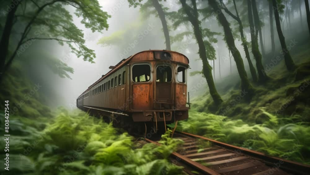 A rusty train is almost consumed by the surrounding vegetation in a foggy forest, creating a scene of abandonment and the power of nature.
A rusty train is almost consumed by the surrounding vegetation in a foggy forest, creating a scene of abandonment and the power of nature.