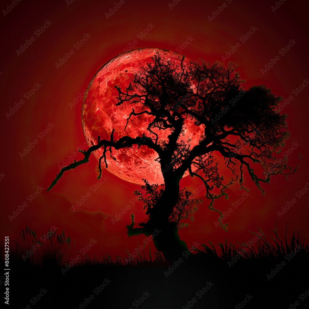 landscape with old tree silhouette against a red moonlit sky