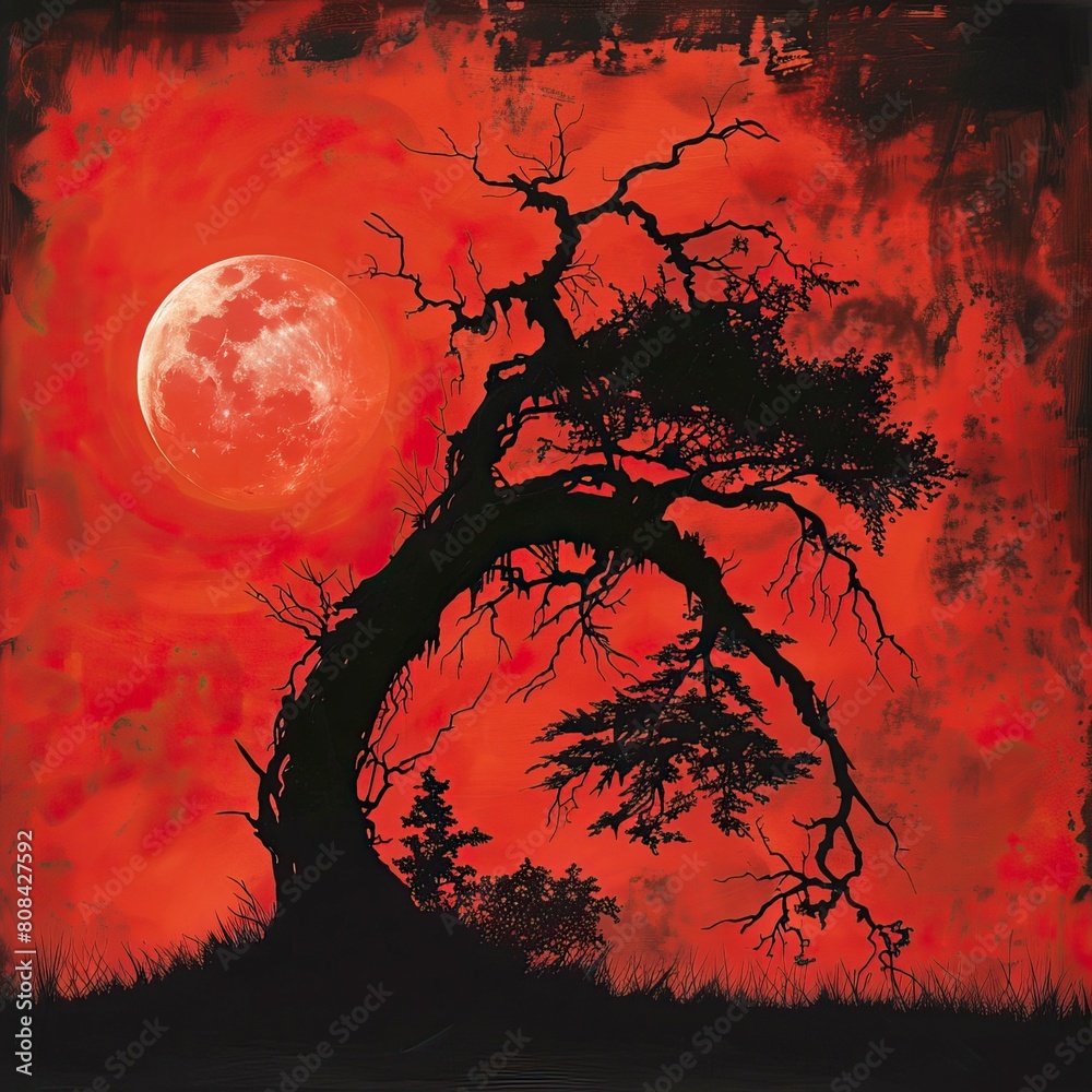 landscape with old tree silhouette against a red moonlit sky landscape with old tree silhouette against a red moonlit sky