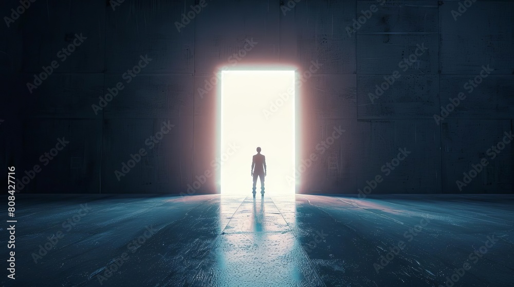 Person standing before a door of light in a dark room Person standing before a door of light in a dark room