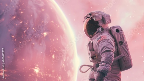 Astronaut in a gleaming space suit examines a mysterious ring door, floating against the backdrop of a soft pink planet