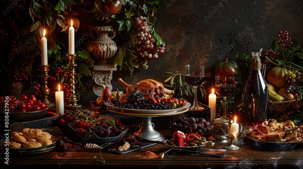 Artistic still life of a lavish banquet, satanic-themed food spread with gothic elements, candlelit ambiance