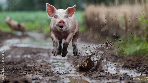Pig joyfully jumping in a puddle of mud photo