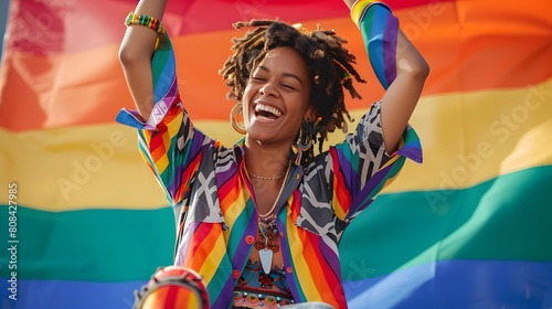 A person in a brightly patterned shirt and rainbow-colored sneakers, cheering in front of a pride flag backdrop.