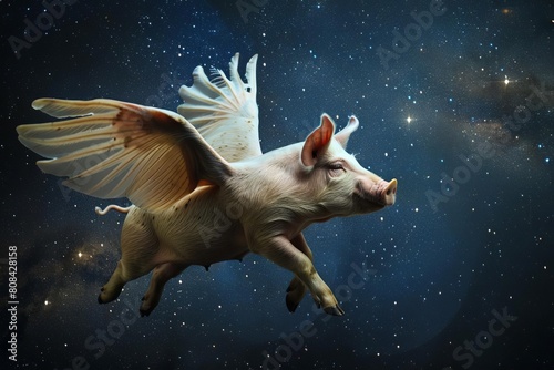 Pig with wings soaring through a starry night sky photo