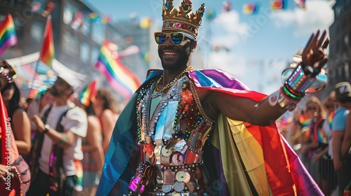 A person in a pride-themed costume with a cape and a crown, leading a group of revelers in the parade. photo