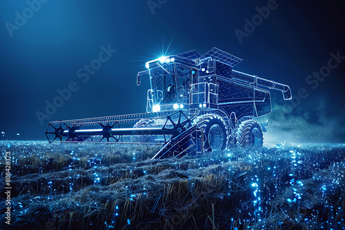  A wireframe-style illustration showcases a modern harvester in action  emphasizing its sleek design and efficiency in agricultural technology