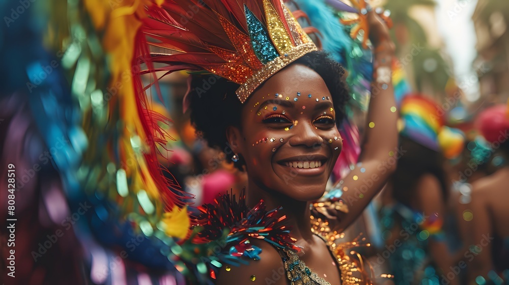 A person in an elaborate, sequined outfit, smiling broadly while waving a colorful pride flag amidst the festival crowd.