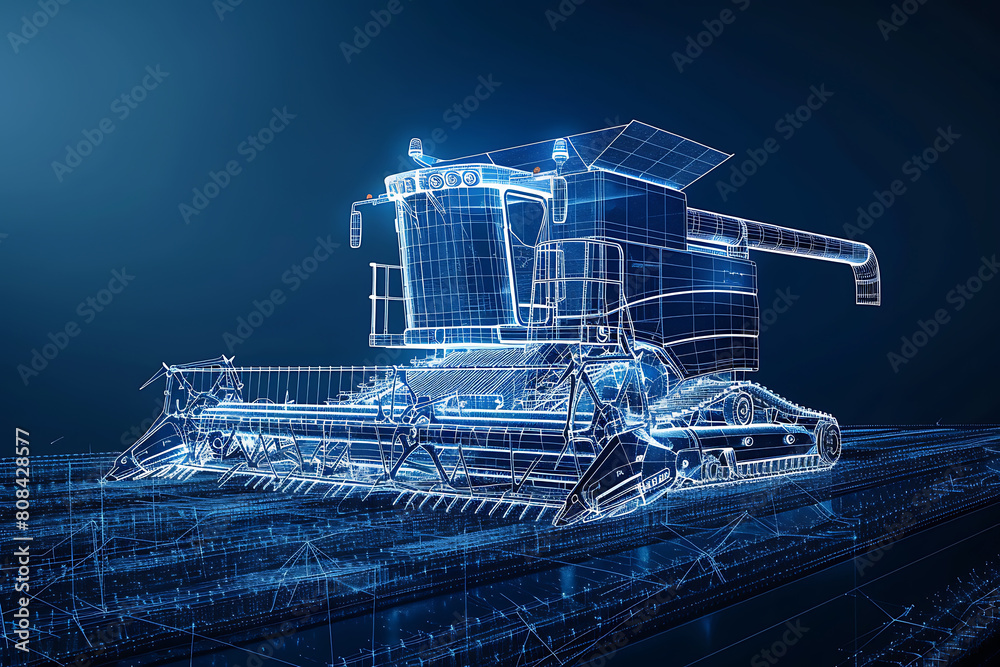 
A wireframe-style illustration showcases a modern harvester in action, emphasizing its sleek design and efficiency in agricultural technology