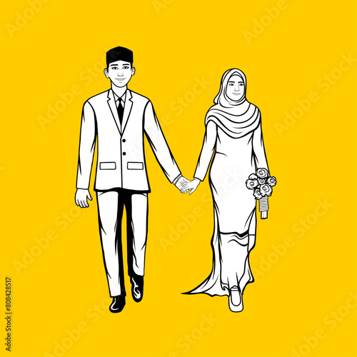 Islamic Muslim wedding couple man wearing suit and songkok on head woman wearing white dress carrying flowers cartoon black and white line art photo