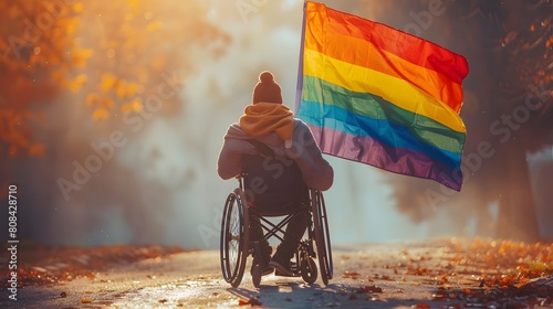 A person sitting on wheel chair and holding pride festivel flag pride concept hd realistic photo