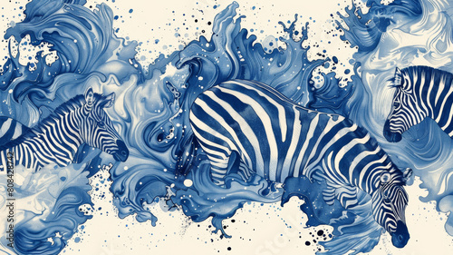 A painting of three zebras in the ocean with blue and white colors