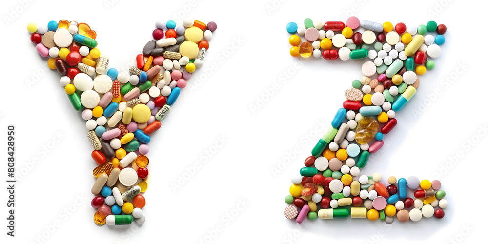 Letters Y, Z. Alphabet Made of Colorful Pills for Pharmaceutical Industry.