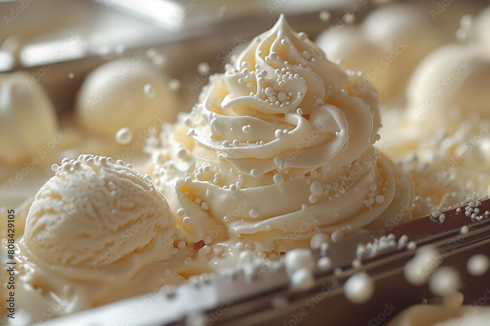 A close-up texture shot captures the creamy swirls and smooth surface of delicious, colorful ice cream scoops A close-up texture shot captures the creamy swirls and smooth surface of delicious, colorful ice cream scoops