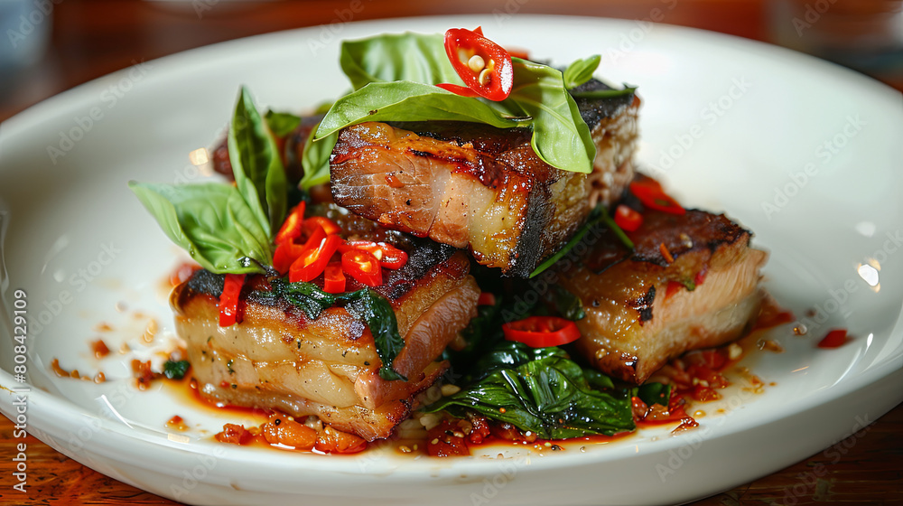 Savory and Crisp: Succulent pork belly fried to perfection, combined with fragrant basil for a delightful meal.