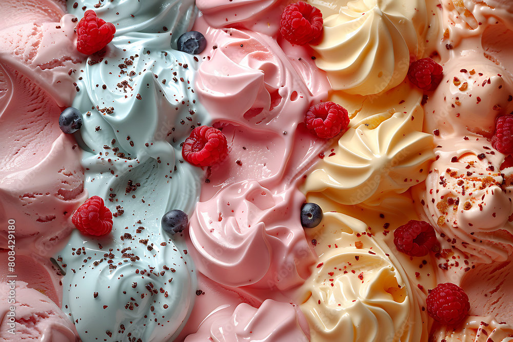 A close-up texture shot captures the creamy swirls and smooth surface of delicious, colorful ice cream scoops A close-up texture shot captures the creamy swirls and smooth surface of delicious, colorful ice cream scoops