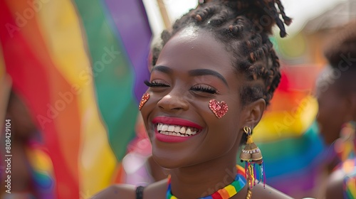 A person with a rainbow heart necklace and bold lipstick, smiling broadly while holding a pride flag.
