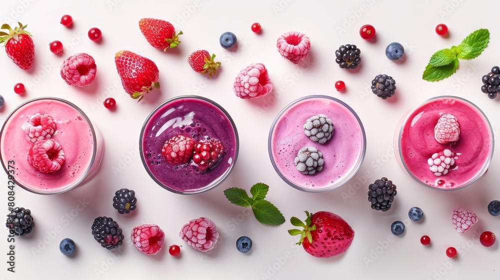 Array of berry smoothies, top view, vibrant colors, clean minimalistic setup, high-key lighting Array of berry smoothies, top view, vibrant colors, clean minimalistic setup, high-key lighting