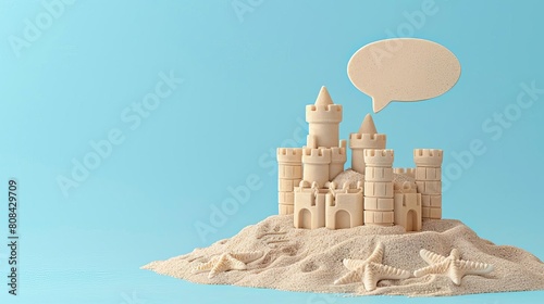 Sandcastle with a speech bubble for displaying childrens summer camp advertisements or beach games announcements